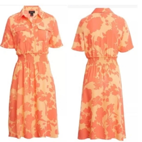 Halogen Orange Pink Floral Smocked Utility Cathy Short Casual Dress - Picture 2 of 5